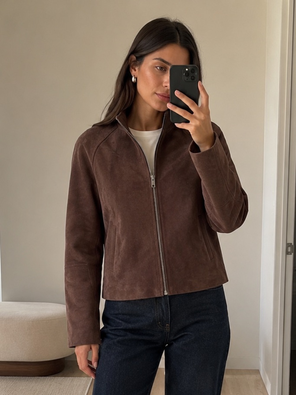 Kenneth Cole New York Brown Faux Suede Zip Jacket Mock Neck Size M New